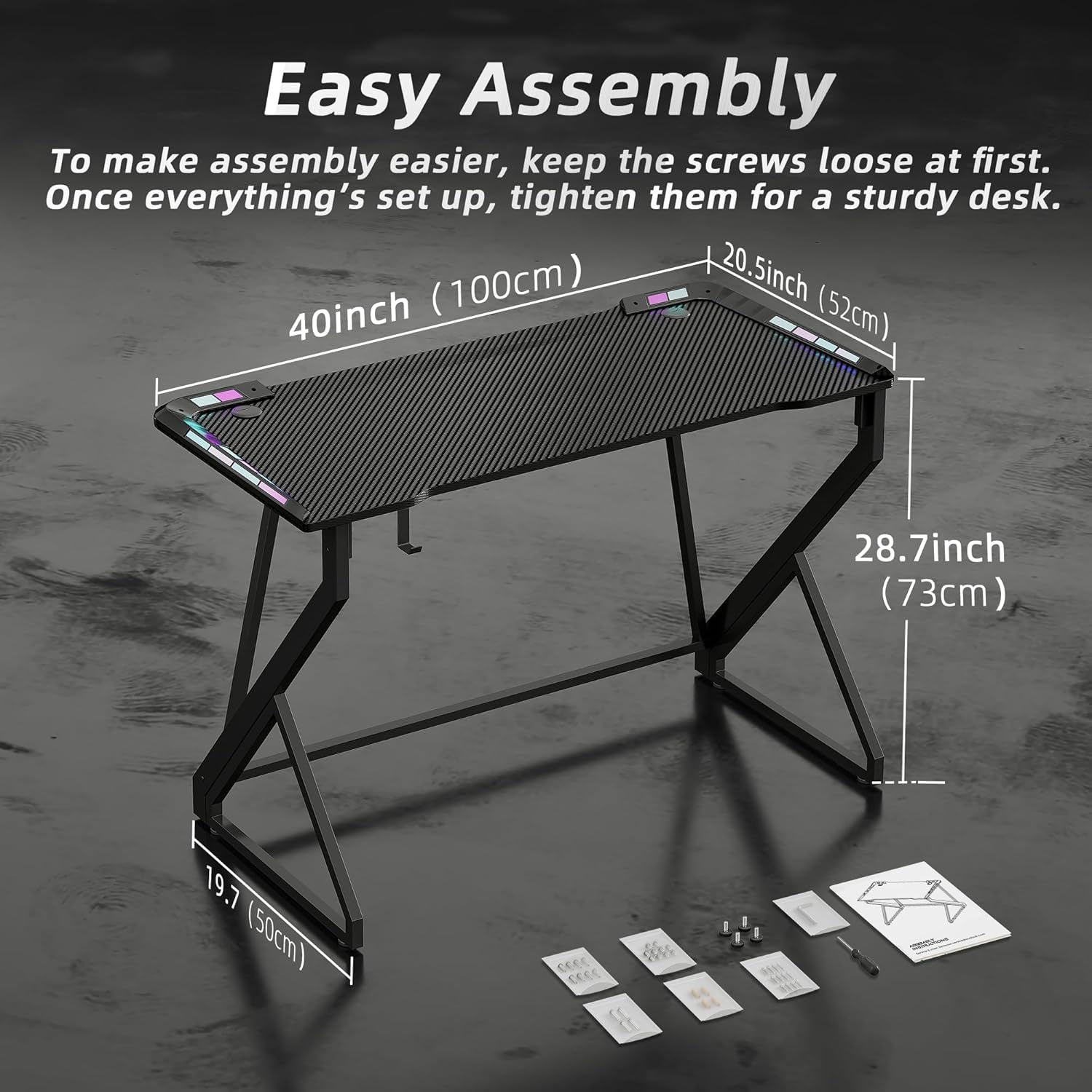 Gaming Desk with LED Lights, 40 Inch Computer Desk Z Shaped Gamer Workstation, Gaming Table with Carbon Fiber Surface, PC Gamer Desk, Black