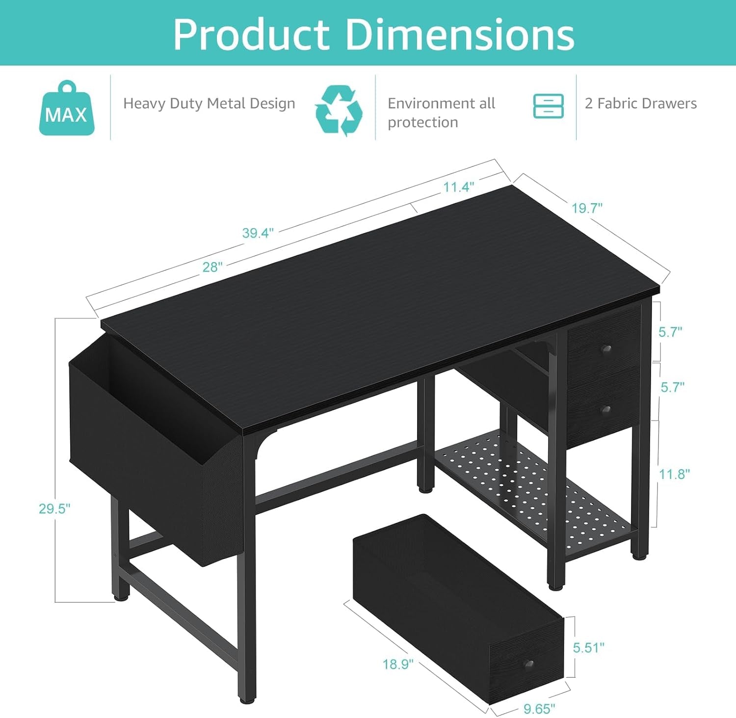 Computer Desk with Fabric Drawers, 40 Inch Reversible Gaming Desk for Small Space Home Office, Modern Simple Study Writing Table PC Desks for Bedroom, Black