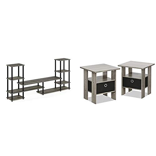 FURINNO Turn-N-Tube Grand Entertainment Center with End Tables, French Oak Grey/Black