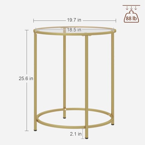 Round Side Table, Modern Style Coffee Table, Sofa Table, Table with Metal Shelves and Glass Top, End Table for Living Room, Bedroom, Balcony, Patio, (H) 25.59 inch× (D) 19.69 inch, Gold