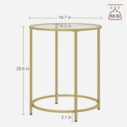 Round Side Table, Modern Style Coffee Table, Sofa Table, Table with Metal Shelves and Glass Top, End Table for Living Room, Bedroom, Balcony, Patio, (H) 25.59 inch× (D) 19.69 inch, Gold