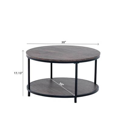 Round Coffee Table, 30" Rustic Coffee Table,Cocktaile Table with 2-Tier Wooden Storage Shelf, Modern Living Room Furniture, Brown