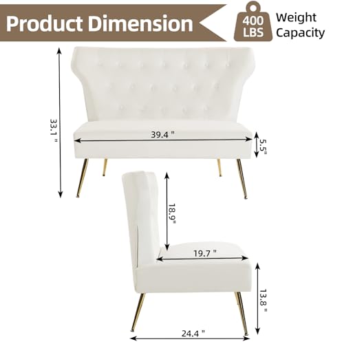 Small White Velvet Sofa, Soft Upholstered 40’’ Armless Loveseat Couch with High Density Foam, Modern Tufted Cushion with Gold Legs for Bedroom, Dorm, Apartment, Girls, Teens, Easy Assembly