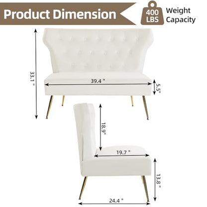 Small White Velvet Sofa, Soft Upholstered 40’’ Armless Loveseat Couch with High Density Foam, Modern Tufted Cushion with Gold Legs for Bedroom, Dorm, Apartment, Girls, Teens, Easy Assembly