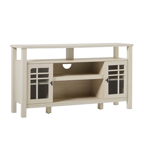 Transitional-Style Windowpane Glass Door Storage Sideboard, 58 Inch, Coastal Oak