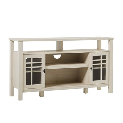 Transitional-Style Windowpane Glass Door Storage Sideboard, 58 Inch, Coastal Oak