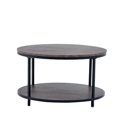 Round Coffee Table, 30" Rustic Coffee Table,Cocktaile Table with 2-Tier Wooden Storage Shelf, Modern Living Room Furniture, Brown