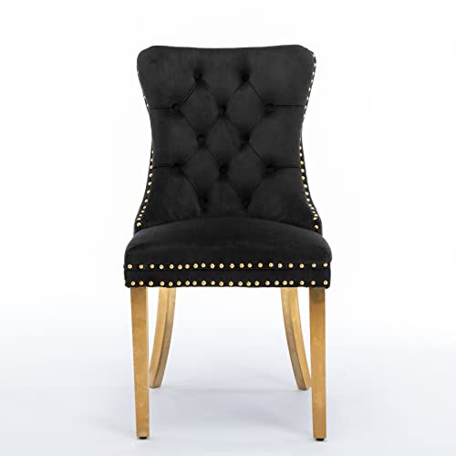 Solid Wood Velvet Upholstered Dining Chair with Golden Stainless Steel Plating Legs,Contemporary Design W/Nailhead Trim,Set of 2,for Living Room,Apartment,Black and Gold