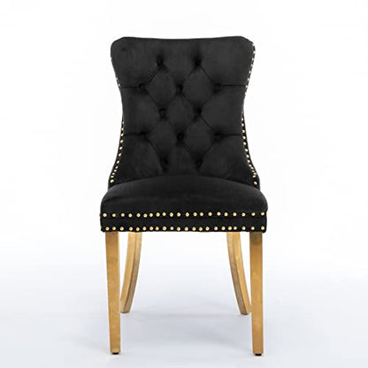 Solid Wood Velvet Upholstered Dining Chair with Golden Stainless Steel Plating Legs,Contemporary Design W/Nailhead Trim,Set of 2,for Living Room,Apartment,Black and Gold