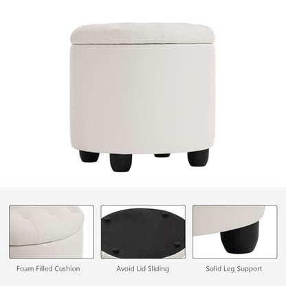 Round Storage Ottoman with Cover Lid Tufted, 19" Round Ottoman with Storage Faux Leather Ottomans for Living Room Bedroom Dorm (Ivory White)