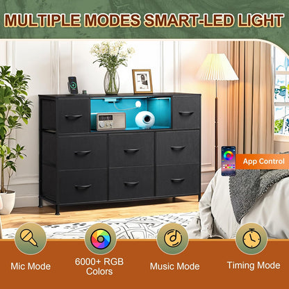 Black TV Stand for 45, 50, 55 Inch TV, TV Media Console Table with LED Lights & Charging Station, Entertainment Center with 8 Fabric Drawers and Open Shelves for Living Room, Hallway