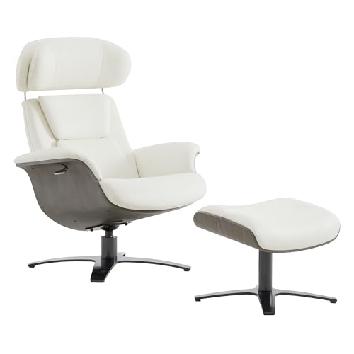 CHITA Genuine Leather Reclining Swivel Accent Chair with Ottoman, White