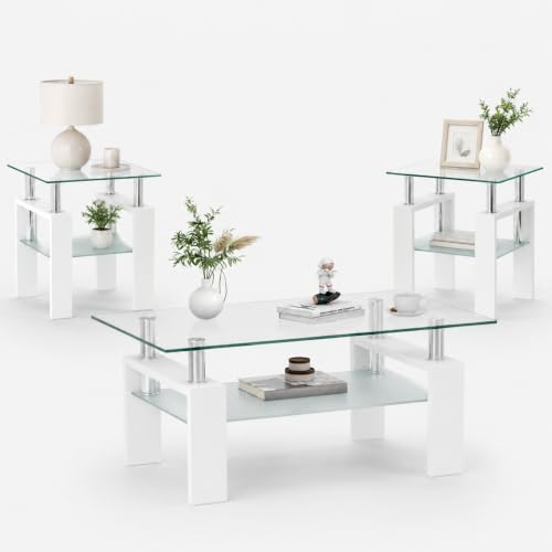 3-Piece Coffee Table Set, Glass Coffee Table with 2 End Tables, view 2