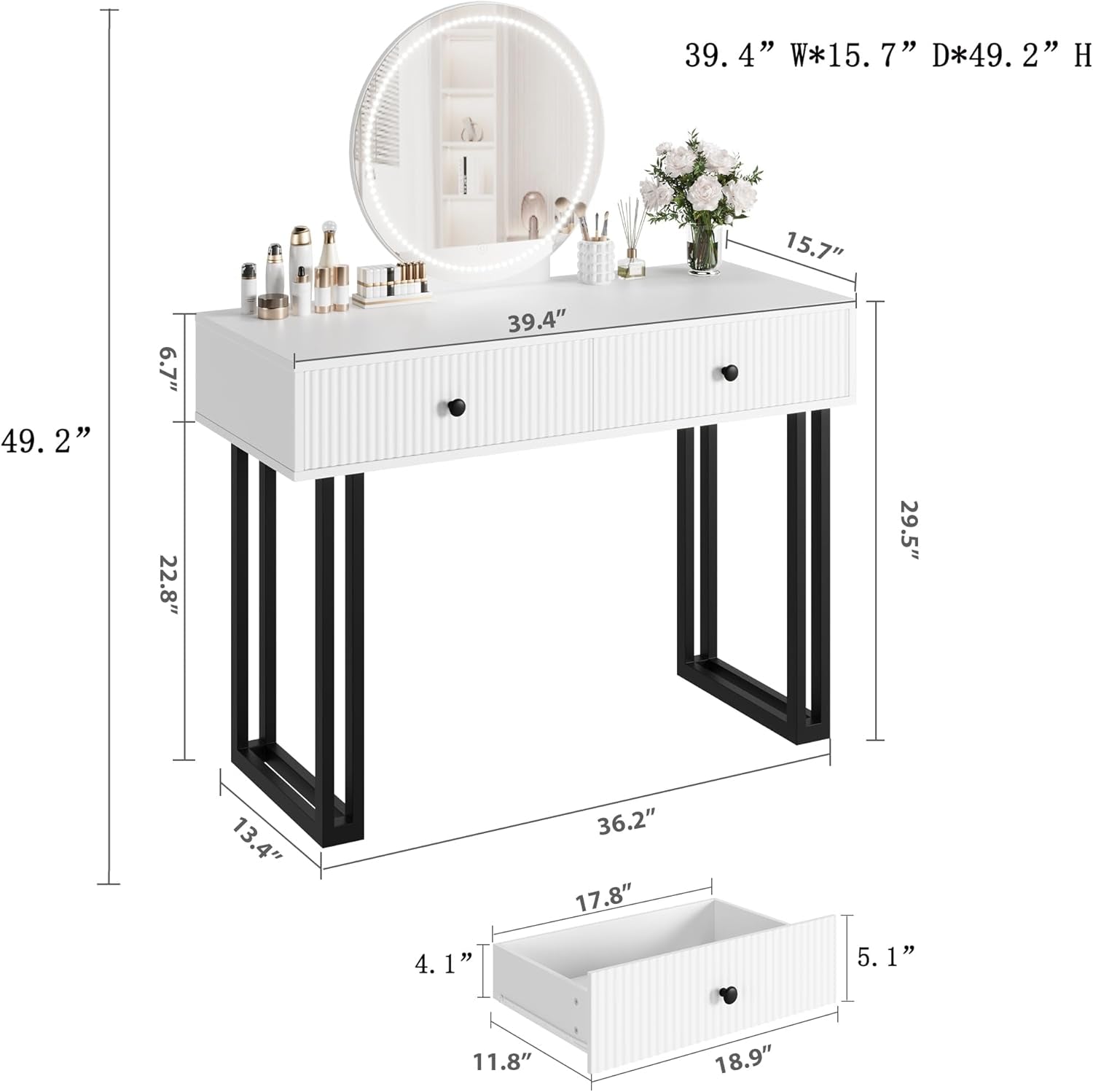 White Vanity Desk with Mirror and Lights, Small Makeup Vanity with 2 Drawers, Modern Vanity Organizer with 3 Color Lights＆Adjustable Brightness, Dressing Table for Bedroom