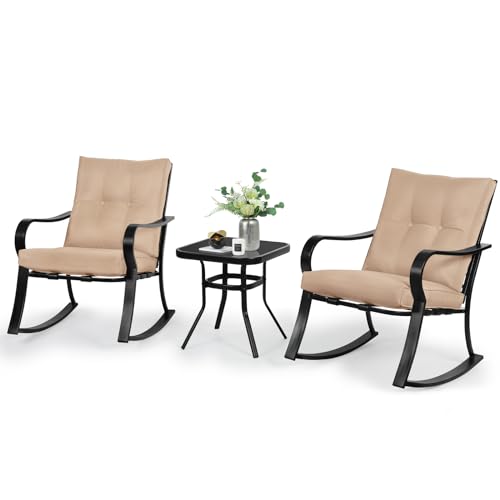 3-Piece Outdoor Rocking Chairs Bistro Set, Black Iron Patio Furniture with Brown Thickened Cushion & Glass-Top Coffee Table
