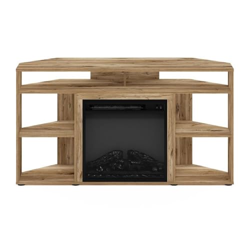 Corner TV Stand with Electric Fireplace, Fits TVs up to 55 in, Flagstaff Oak Finish, CARB Grade Composite Wood, 4 Compartments, Modern Living Room Entertainment Center