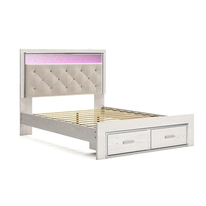 Signature Design by Ashley Altyra Contemporary Adjustable Tufted Queen Upholstered Storage Platform Bed with LED Lights and 2 Drawers, Foundation or Box Spring Not Needed, White & Gray