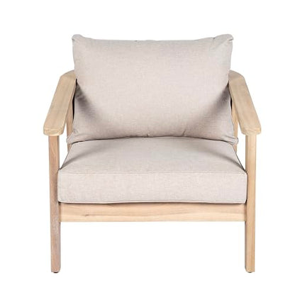 Hartford Acacia Wood Lounge Chair Outdoor with Removable Cushion, Solid Wood Patio Accent Chair with PE Wicker Backrest, Patio Furniture Sofa Set, Light Brown+Beige