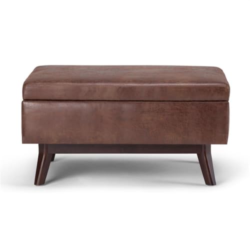 Faux Leather Storage Coffee Table Ottoman, Saddle Brown Finish, 18.5" H x 34.06" W x 25.98" D, Lift-Up Lid, Solid Wood Base, Mid-Century Style, Living Room Furniture