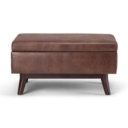 Faux Leather Storage Coffee Table Ottoman, Saddle Brown Finish, 18.5" H x 34.06" W x 25.98" D, Lift-Up Lid, Solid Wood Base, Mid-Century Style, Living Room Furniture
