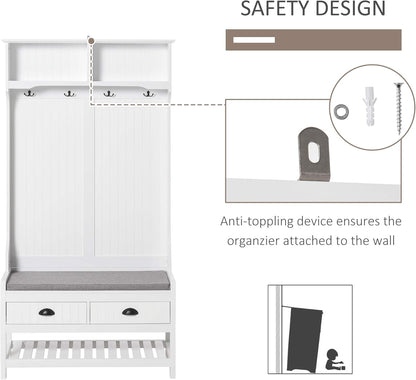 3-In-1 Hall Tree, Entryway Bench with Coat Rack, Mudroom Bench with Shoe Rack, 2 Storage Drawers, 4 Hooks and Padded Seat Cushions for Hallway, White