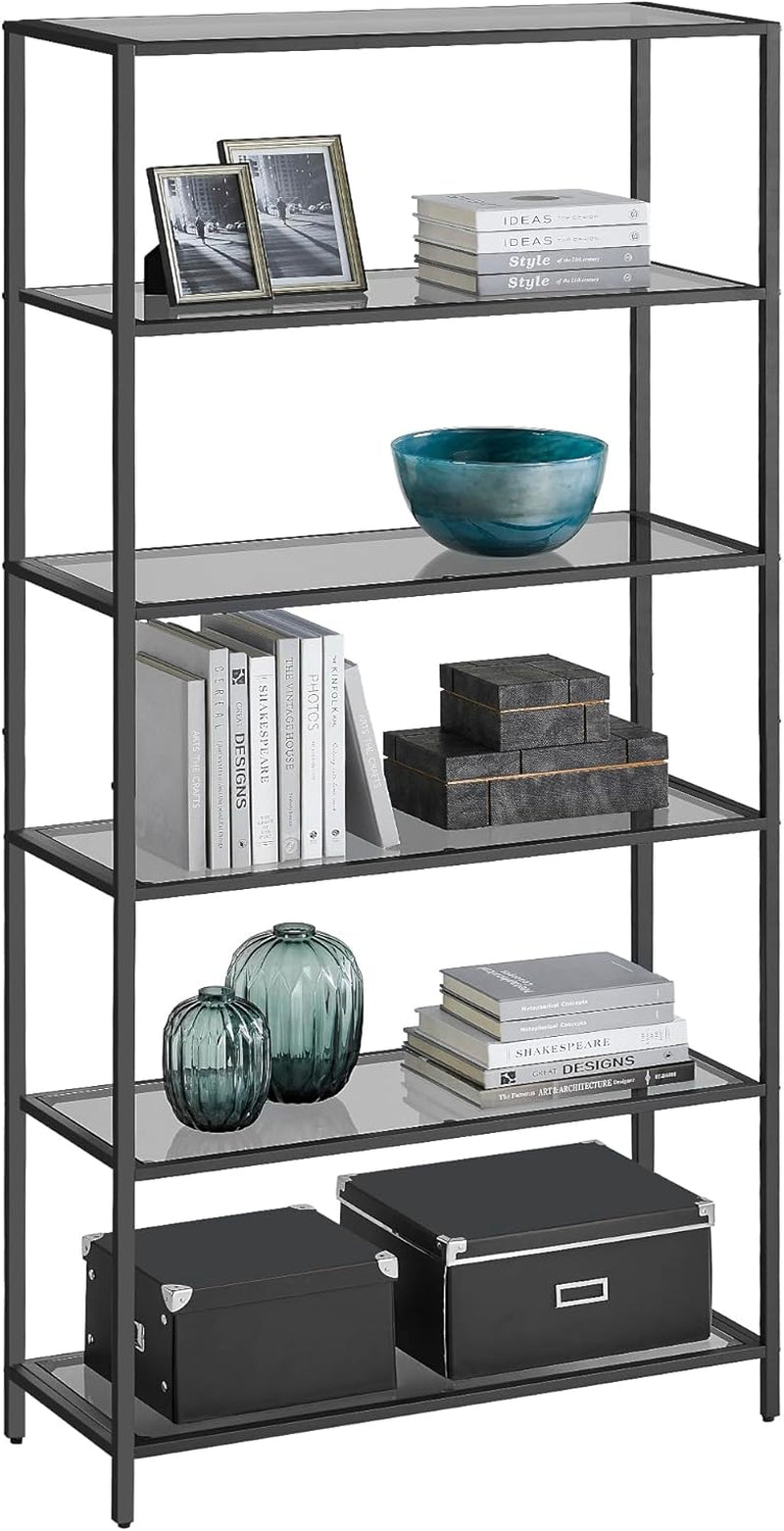 Bookcase, 6-Tier Bookshelf, Slim Shelving Unit for Bedroom, Bathroom, Home Office, Tempered Glass, Steel Frame, Ink Black and Slate Gray ULGT503G01