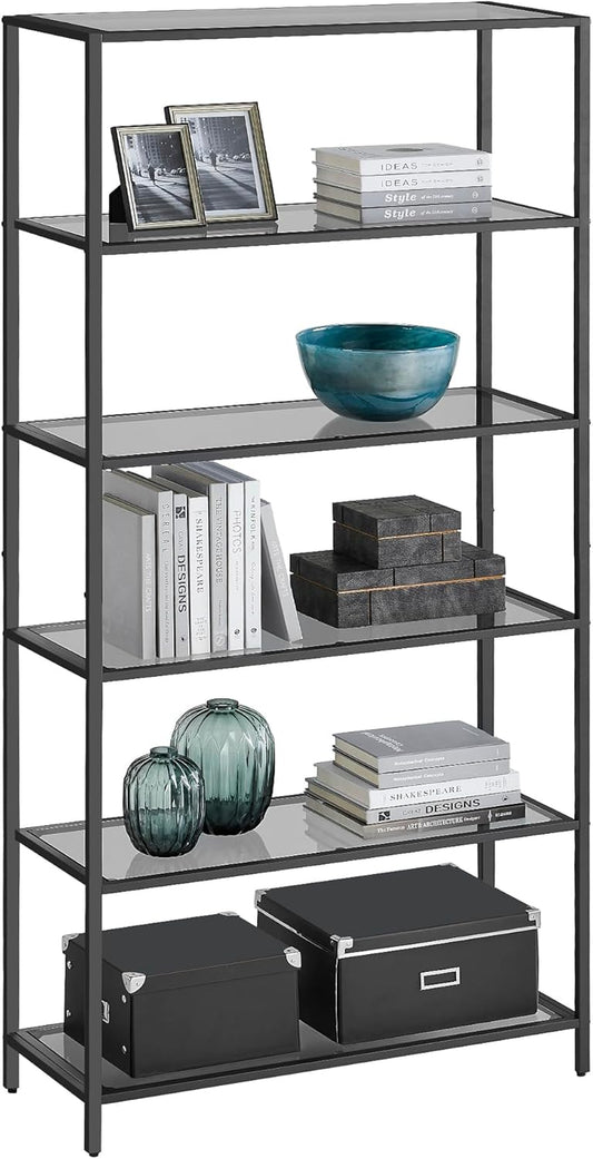 Bookcase, 6-Tier Bookshelf, Slim Shelving Unit for Bedroom, Bathroom, Home Office, Tempered Glass, Steel Frame, Ink Black and Slate Gray ULGT503G01