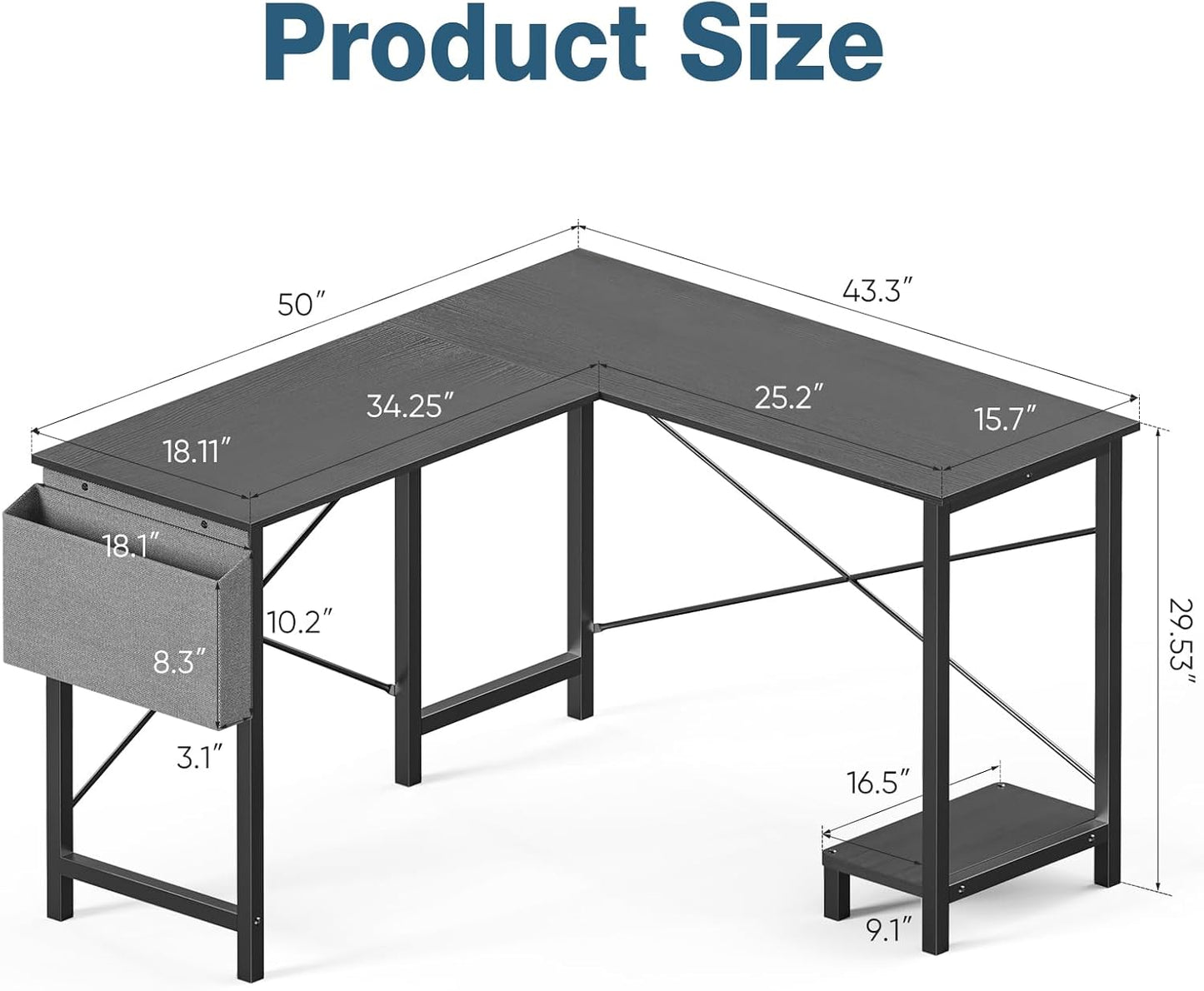 L Shaped Desk, 50-Inch Office Computer Gaming Desks Corner PC Table with Side Bag and Reversible Shelf for Home Work Study Writing Black