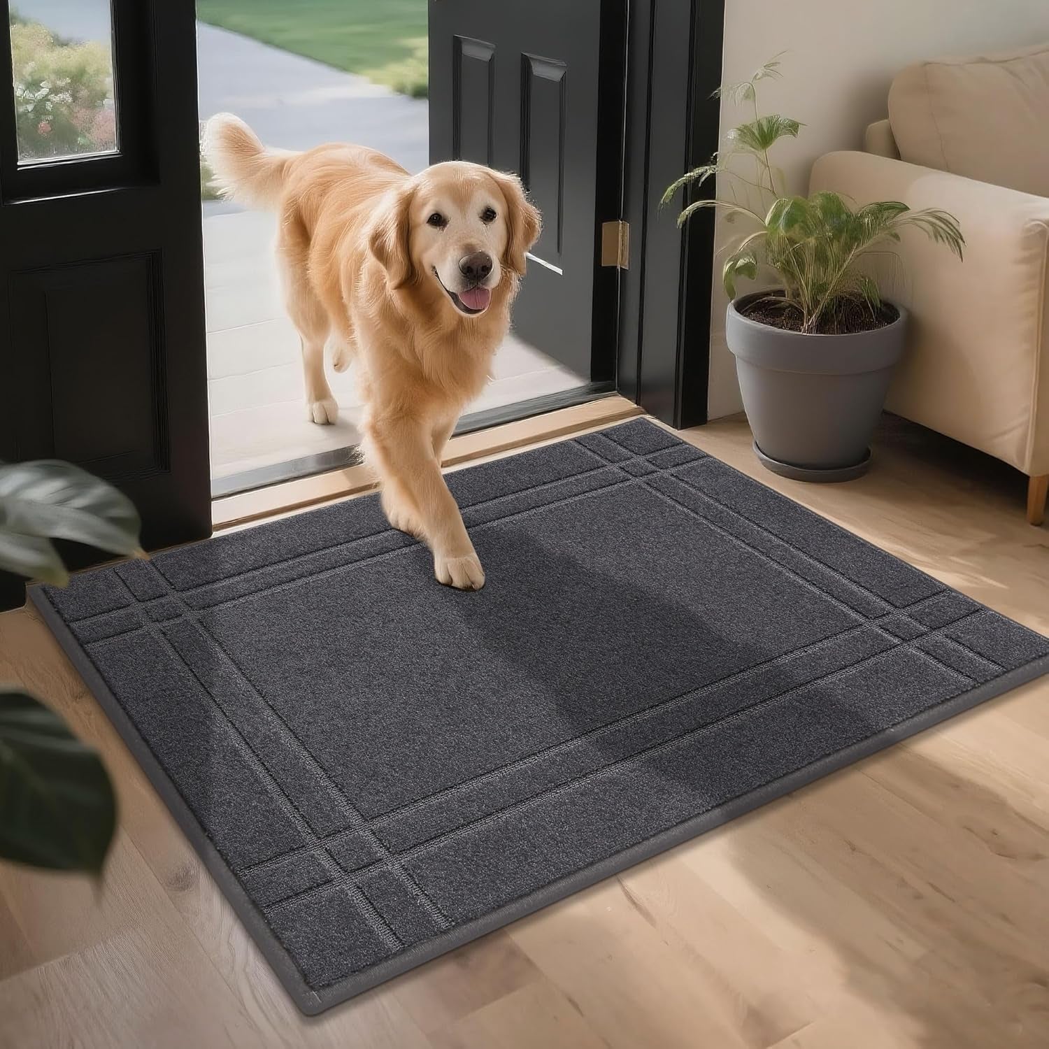 Entryway Rugs Doormat 32"X48", Non-Slip Dirt Trapper Door Mats Indoor, Washable Absorbent and Stain Resist Welcome Floor Mat for Front Door, Dog Door Mat, Muddy Wet Shoes & Paws, Dark Grey