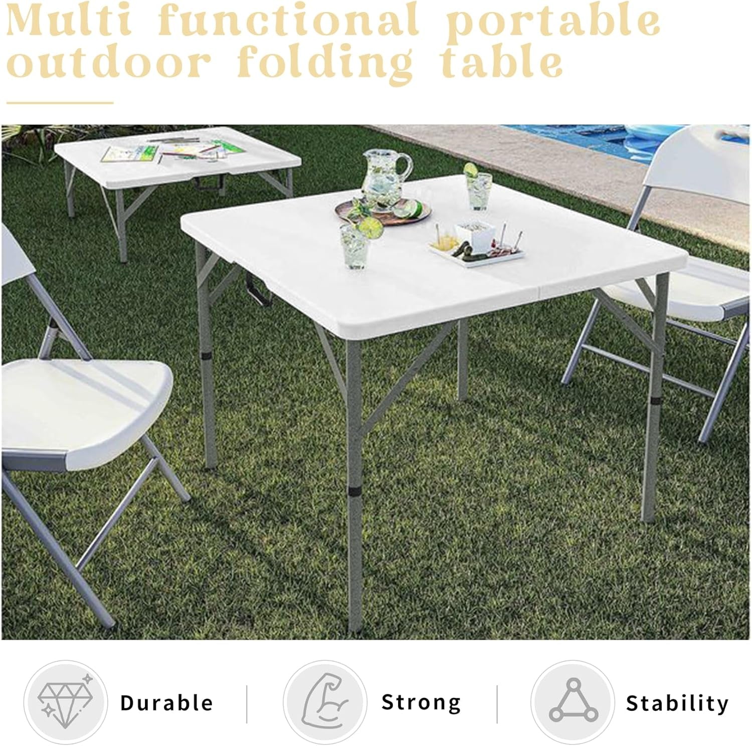 34" Square Folding Table,Multi-Functional Portable Folding Card Table with Carrying Handle for Indoor Outdoor Camping,Picnic, Office, Party Use, HDPE Plastic Tabletop with Metal Frame(White)