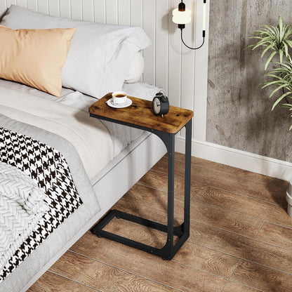 Narrow C Shaped Side Table Set of 2 Living Room Sets Slim Couch Tray Tables Skinny Thin Small Farmhouse 7 Inch Width, Rustic Brown (017-18BN)