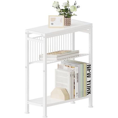 Side Table for Small Spaces, Narrow End Table with Magazine Holder, 2 in 1 Design Slim Side Table, Skinny Nightstand for Living Room Bedroom, Thin Side Magazine Table, White