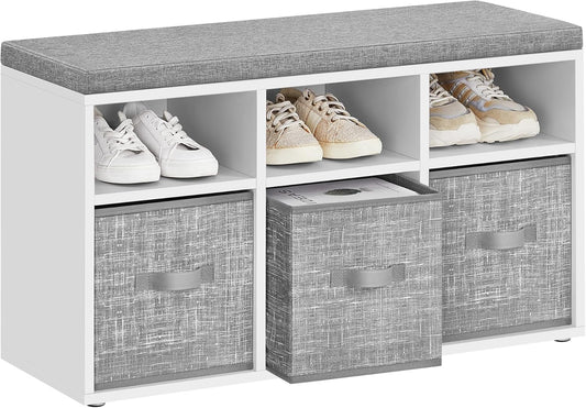 Shoe Bench with Cushion, Shoe Storage Bench with 6 Compartments and 3 Adjustable Shelves, Entryway Bench with 3 Storage Boxes, for Bedroom, Closet, Living Room, Cloud White ULSB101W14