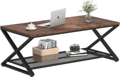 Rustic Coffee Table with Storage, Industrial Wood Metal 2 Tier Center Living Room Table with Mesh Shelf, Farmhouse Wooden Low Rectangle Cocktail Tea Table for Office Bedroom, 47 Inch, Rustic Brown