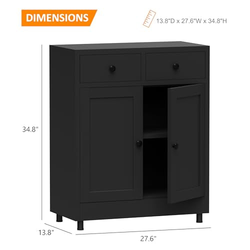 Metal Storage Cabinet with 2 Drawers and Adjustable Shelf, Sideboard Buffet Cabinet for Home, Office, Hallway, Entryway, Living Room, Kitchen Pantry and Dining Room (Black)