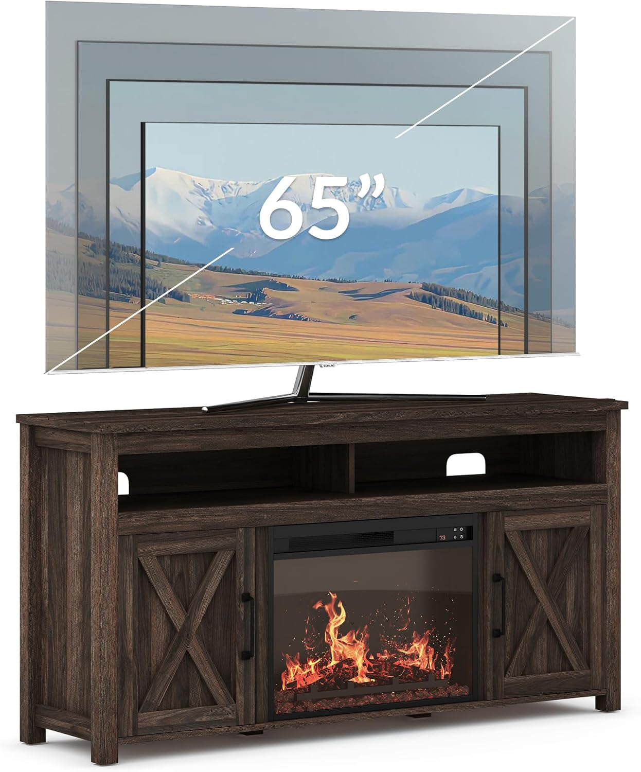 Barn Door Wood Electric Fireplace TV Stand for Tvs up to 65 Inches Open Shelves and Cabinets Media Entertainment Center Console Table - Corin (Dark Walnut)