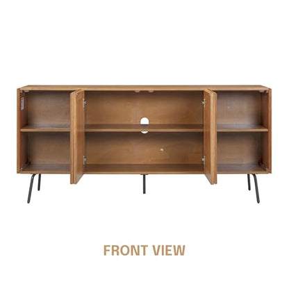 MOSSIC Modern Sideboard with 4 Doors, Natural Rattan Storage Cabinet, Buffet with Metal Legs, Boho Accent Cabinet for Living Room, and Entryway, Effortless Assembly, Teak Look