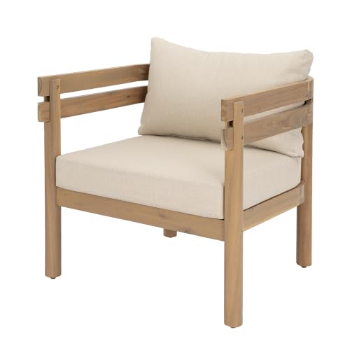 Idda Acacia Wood Lounge Chair Outdoor with Removable Cushion, Solid Wood Patio Accent Chair with Cushion, Patio Furniture Set Sofa Chair, Beige+Light Brown