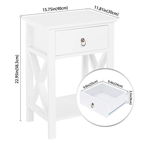 Bonnlo White End Side Table Nightstand Bedside Table with Drawer and Storage Shelf