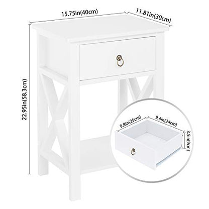 Bonnlo White End Side Table Nightstand Bedside Table with Drawer and Storage Shelf