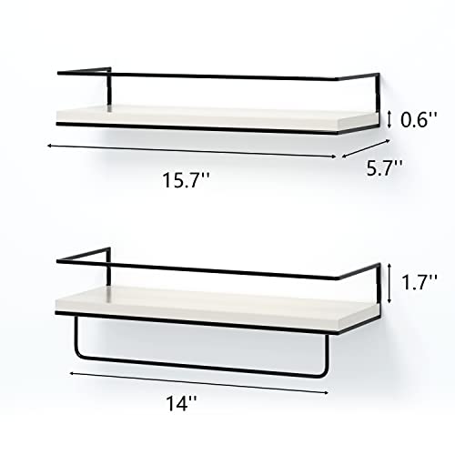 Shario White Floating Shelves - Set of 2, Wall Mounted Hanging Shelves with Black Towel Rack, Decorative Storage Shelves for Bathroom, Kitchen, Living Room & Bedroom (Modern White, 15.7 Inches)