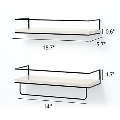 Shario White Floating Shelves - Set of 2, Wall Mounted Hanging Shelves with Black Towel Rack, Decorative Storage Shelves for Bathroom, Kitchen, Living Room & Bedroom (Modern White, 15.7 Inches)