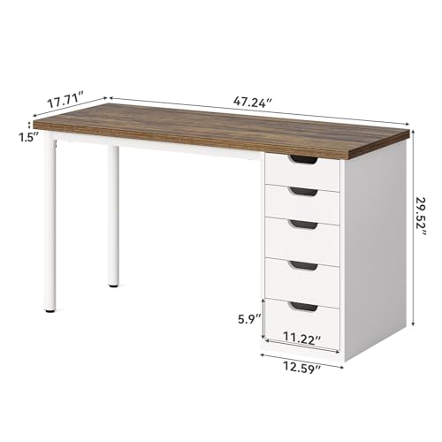Computer Desk with 5 Drawers, 47 Inch Modern Simple Study Writing Desk with Metal Frame, Work Desk for Home Office, Rustic Brown and White