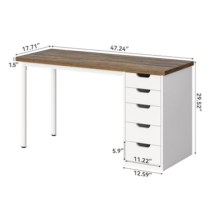 Computer Desk with 5 Drawers, 47 Inch Modern Simple Study Writing Desk with Metal Frame, Work Desk for Home Office, Rustic Brown and White