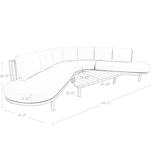 5 Piece Patio Outdoor Furniture Set, All Weather 118" Half Moon Sectional Sofa with Acacia Wood Frame & Waterproof Cushions,1 Coffee Table for Garden,Lawn,Backyard,Poolside,Beige+Light Teak