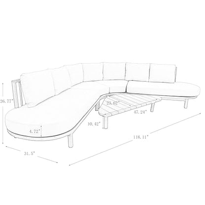 5 Piece Patio Outdoor Furniture Set, All Weather 118" Half Moon Sectional Sofa with Acacia Wood Frame & Waterproof Cushions,1 Coffee Table for Garden,Lawn,Backyard,Poolside,Beige+Light Teak