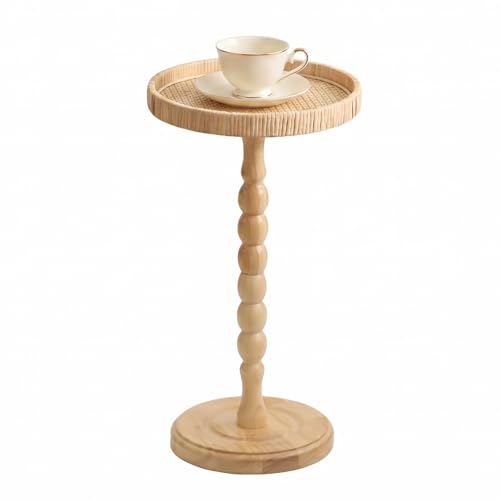 Small Drink Table, Rattan Round Side Table for Small Spaces, Boho Accent Table End Table with Solid Wood Leg for Living Room, Nightstand Table for Bedroom, Corners