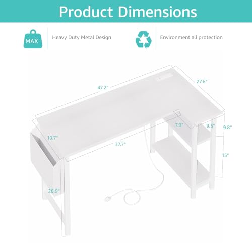 White L Shaped Computer Desk with Power Outlet Shelves, 47 Inch Corner Desk for Home Office Bedroom, L-Shaped Study Writing Working PC Desks, White