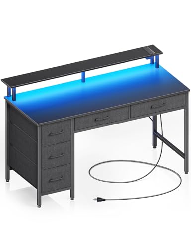Computer Desk with Drawers, 55 Inch Desk with Drawers Home Office Desks, Computer Desk Office Desk with Power Outlets & LED Light, Monitor Stand Work Table Black