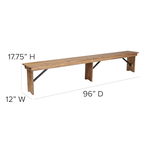 Hercules Series 8' x 12' Commercial Grade Rustic Solid Pine Folding Bench, Antique Farmhouse 3 Leg Dining Bench, Seats up to 4 Adults | Foldable Locking Legs